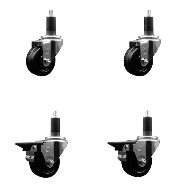3'' Phenolic Wheel Swivel 1-1/4'' Expand Stem Caster Set 2 Brakes, 4PK
